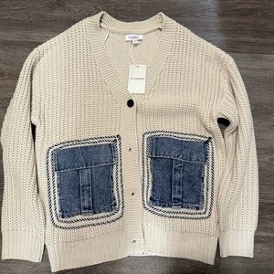 Women’s Cream Cardigan Sweater with Denim Accents